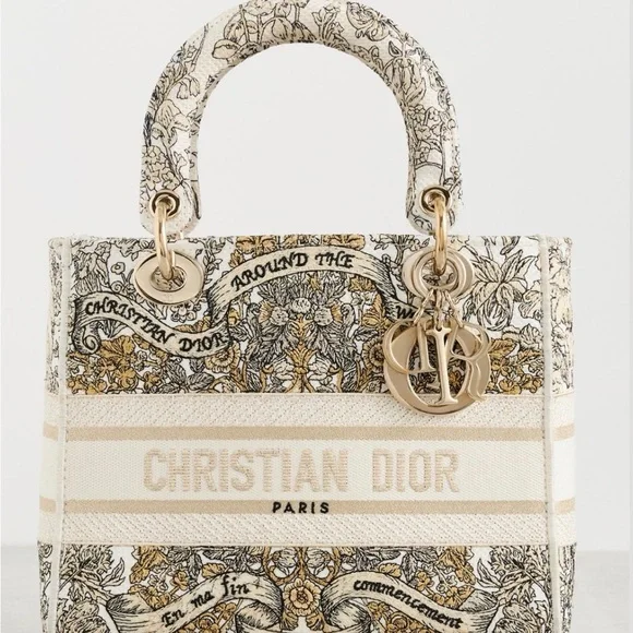 Christian Dior Cream & Gold Embroidered Lady Dior Tote - Picture 6 of 17